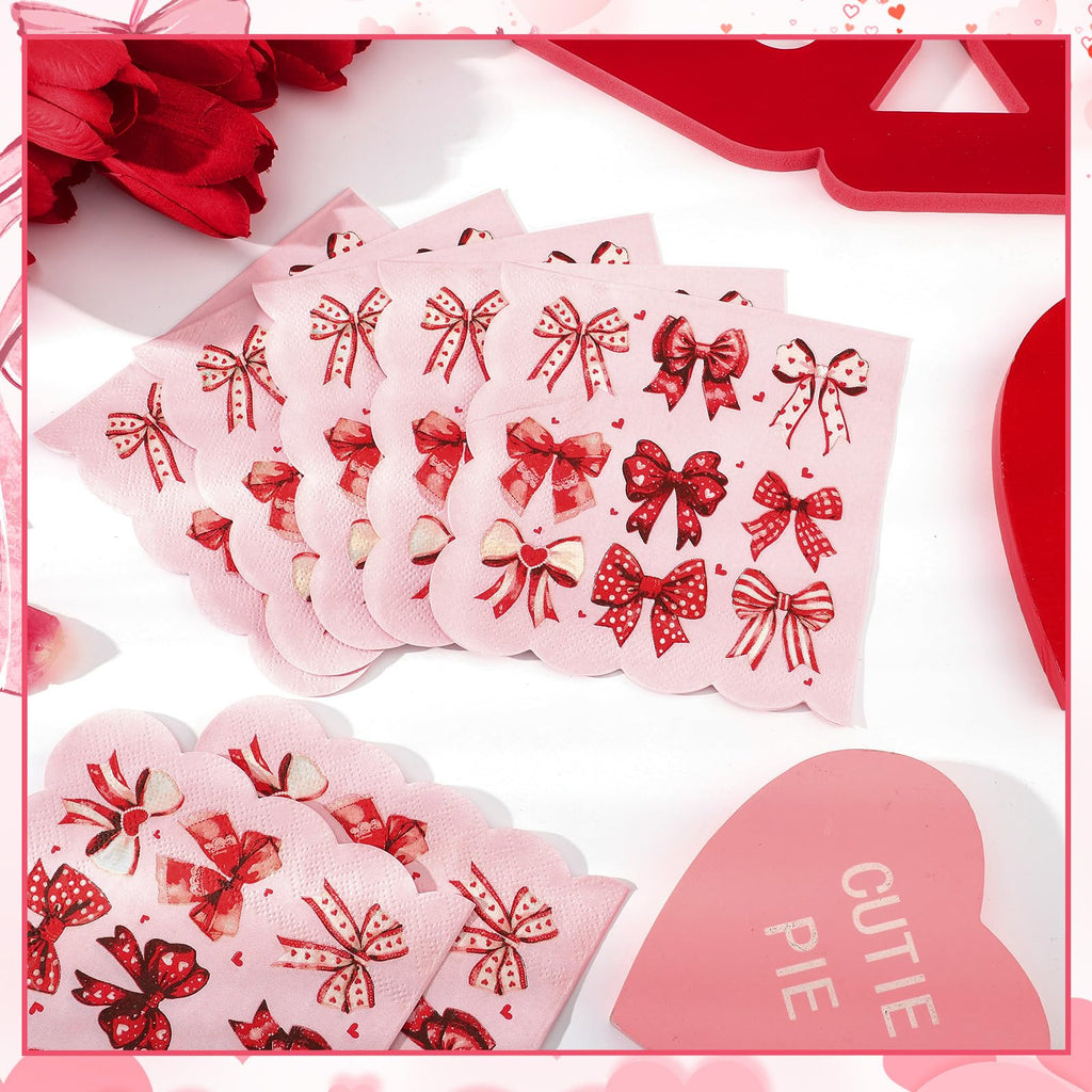 NatNarr 100 Pcs Valentines Napkins — Scalloped Pink & Red Bow Cocktail Napkins for Weddings & Parties