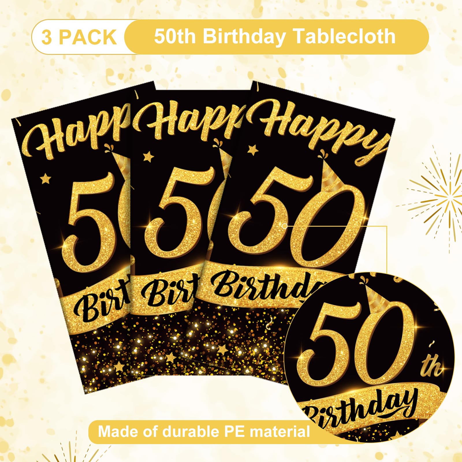 NatNarr 3 Pack 54x108 Inch Black Gold Disposable Tablecloths – Waterproof Rectangle Cover for 50th Birthday Parties
