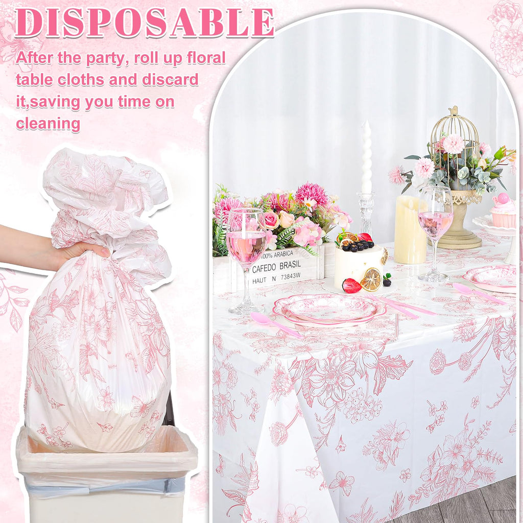 NatNarr 3 Pack Pink Floral Tablecloths – 54x108 in Disposable Vintage Table Cover
