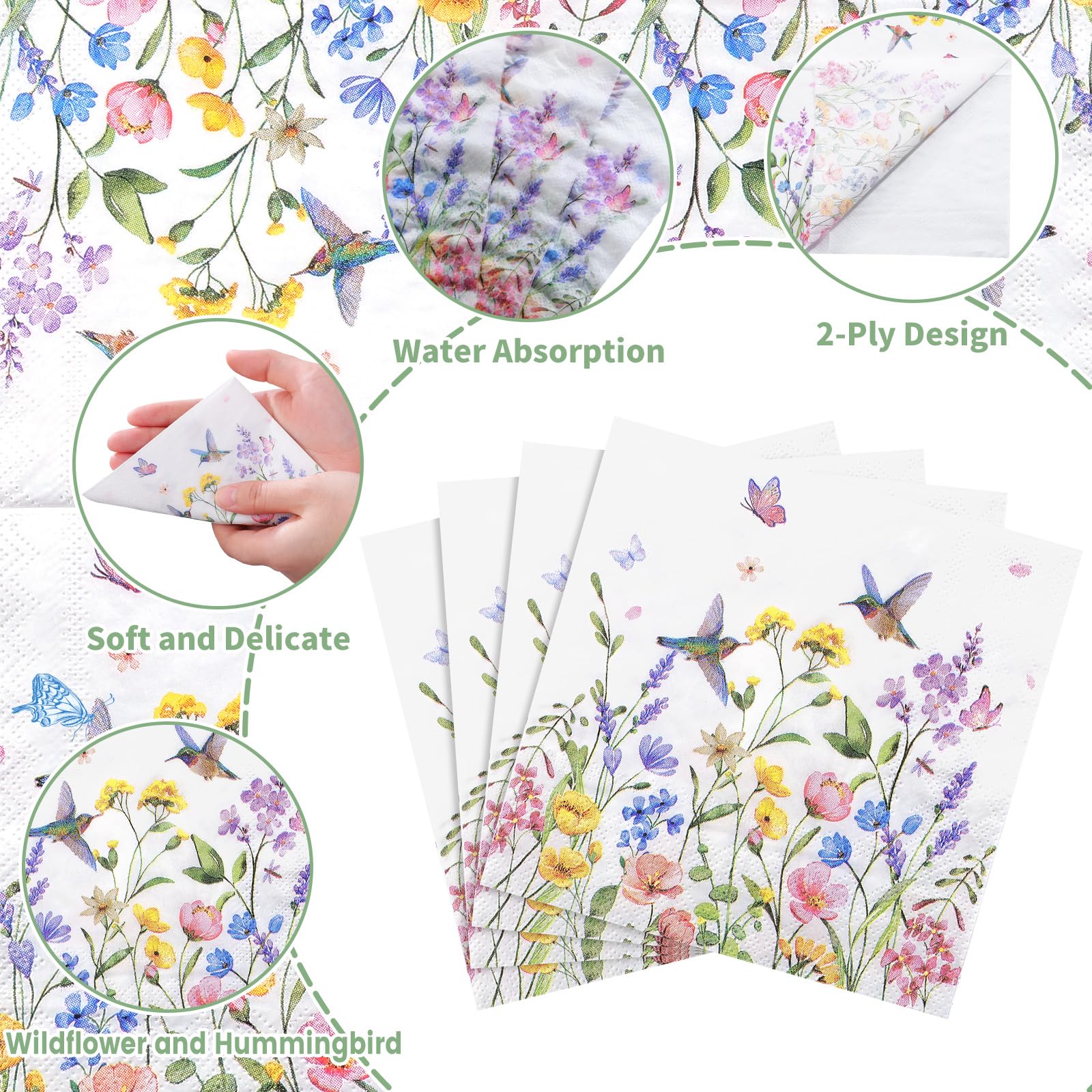 NatNarr 100 Pcs Wildflower Napkins – 2-Ply Floral Cocktail Napkins