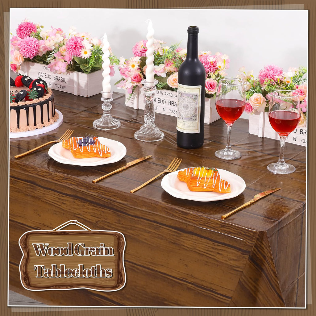 NatNarr 3 Pack Wood Grain Tablecloths | 54 x 108 in Disposable Rustic Rectangular Covers
