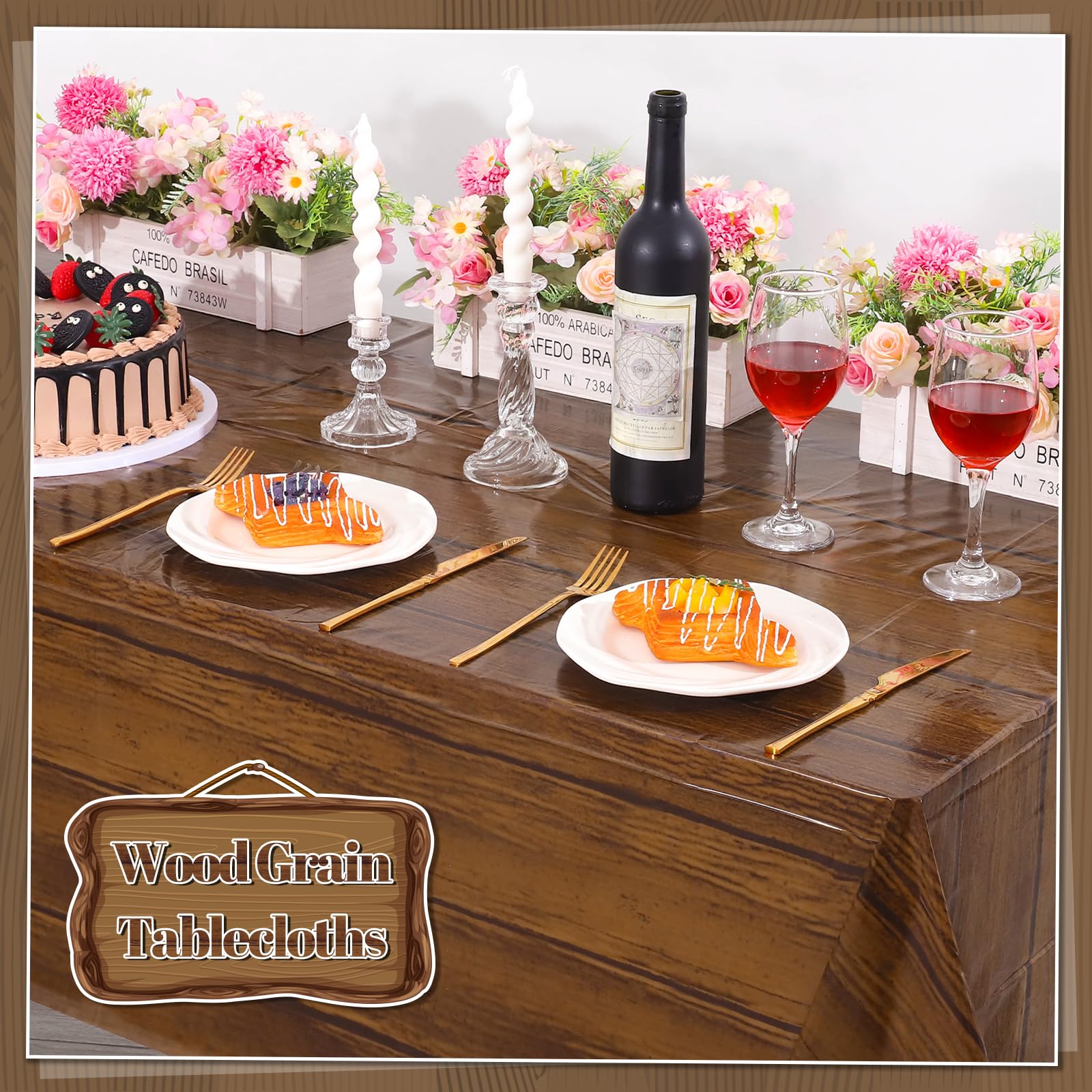 NatNarr 3 Pack Wood Grain Tablecloths | 54 x 108 in Disposable Rustic Rectangular Covers