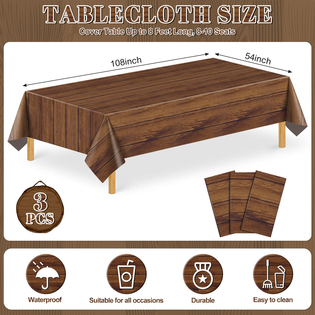 NatNarr 3 Pack Wood Grain Tablecloths | 54 x 108 in Disposable Rustic Rectangular Covers