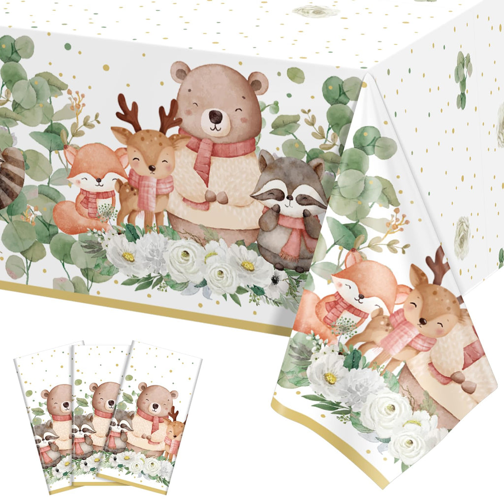 NatNarr 3 Pack Woodland Tablecloths – 54 x 108 in Disposable Forest Table Cover with Eucalyptus Leaves
