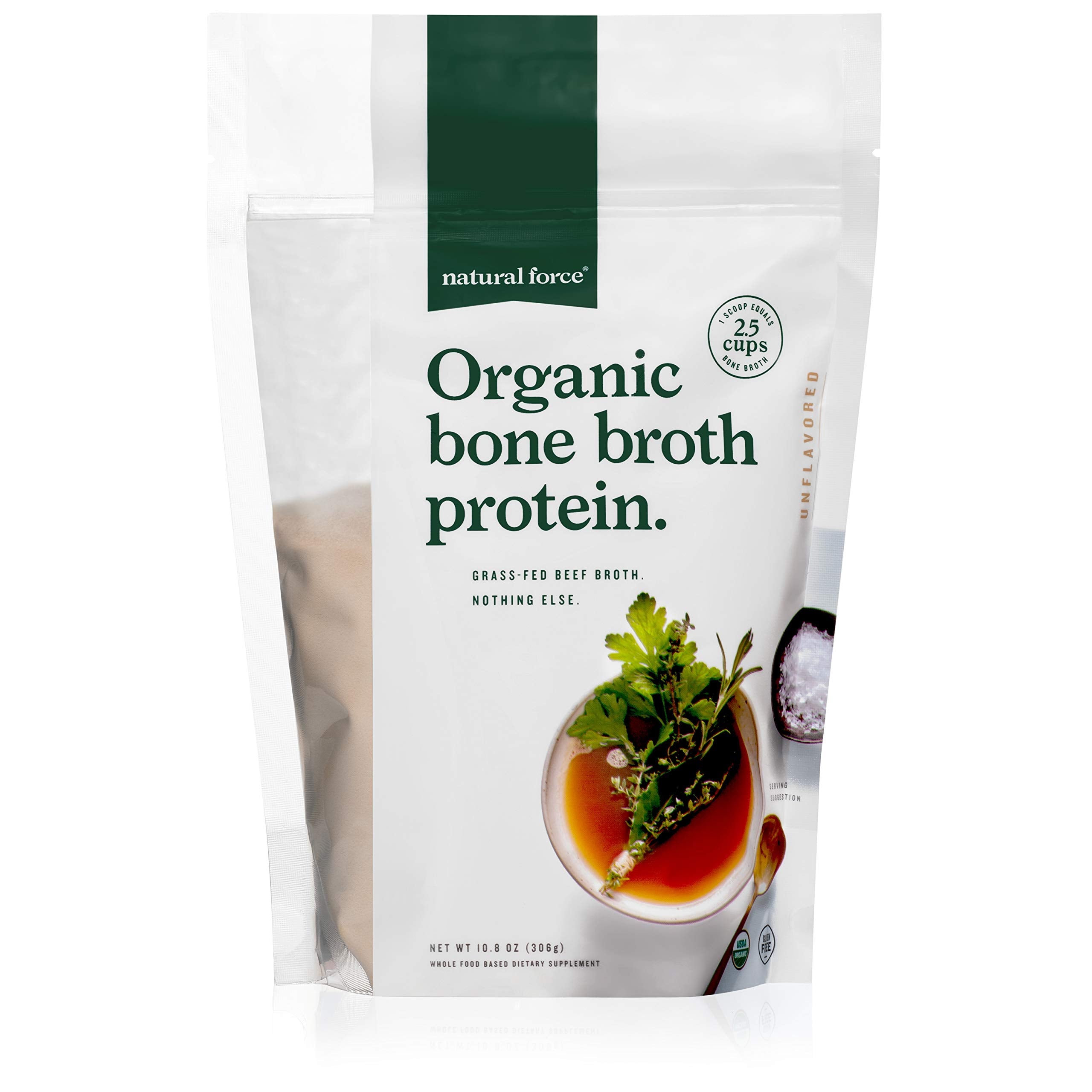 Natural Force Bio-Knochenbrühen-Proteinpulver – Weidehaltung, Keto-zertifiziert, Kollagen Typ I-III, geschmacksneutral, 306 g