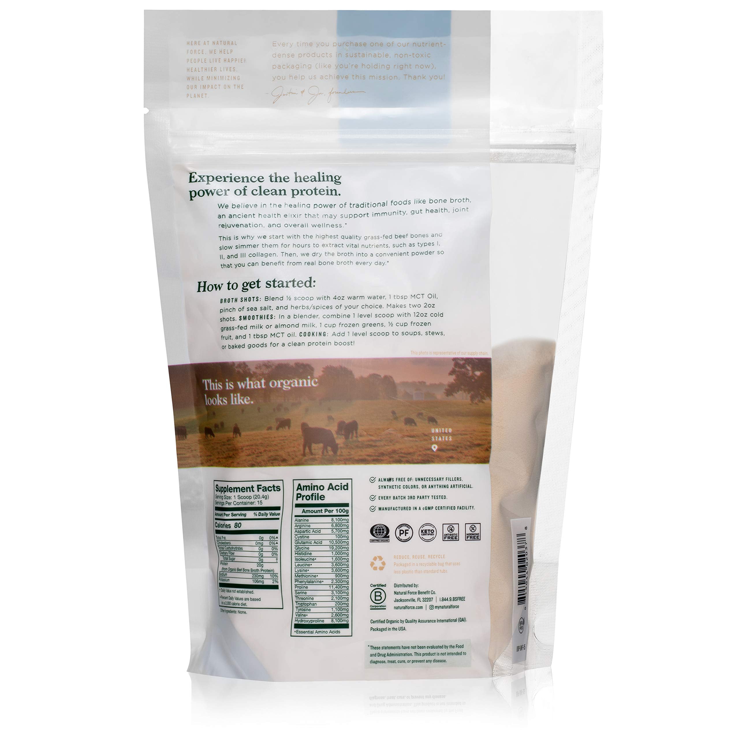 Natural Force Bio-Knochenbrühen-Proteinpulver – Weidehaltung, Keto-zertifiziert, Kollagen Typ I-III, geschmacksneutral, 306 g