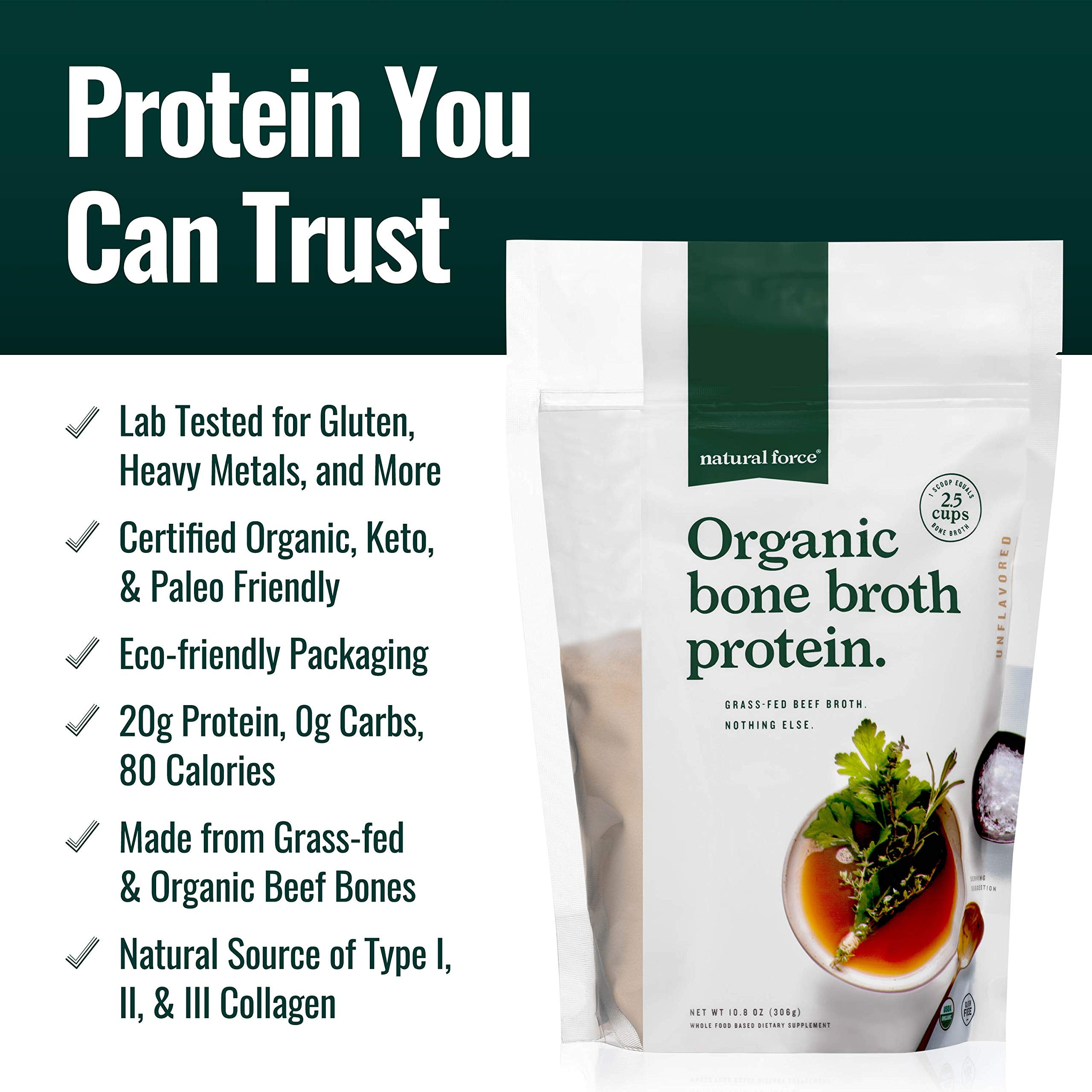 Natural Force Bio-Knochenbrühen-Proteinpulver – Weidehaltung, Keto-zertifiziert, Kollagen Typ I-III, geschmacksneutral, 306 g