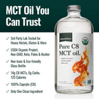 Natural Force Organic Pure C8 MCT Oil – 32 oz Glass Bottle | Keto, Paleo, Kosher, Vegan