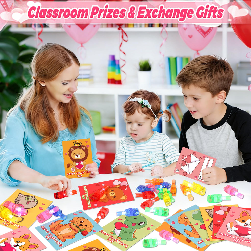 NAWITDA 30 Pack Valentines Day Classroom Gifts for Kids – LED Finger Light Cards & Light-Up Valentine Party Favors