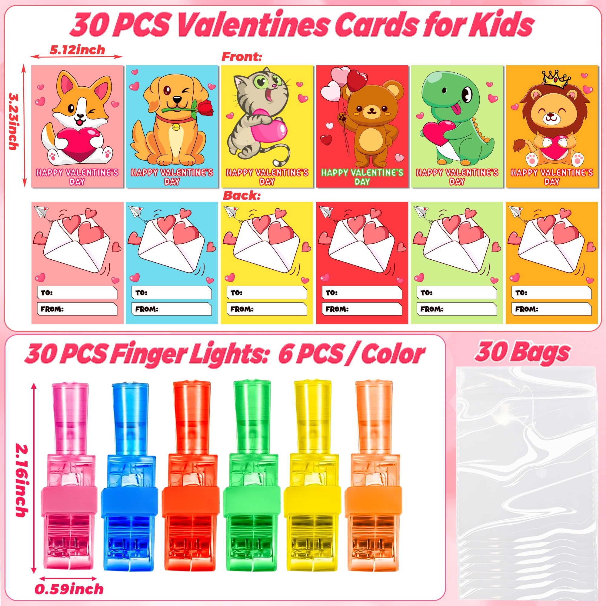 NAWITDA 30 Pack Valentines Day Classroom Gifts for Kids – LED Finger Light Cards & Light-Up Valentine Party Favors