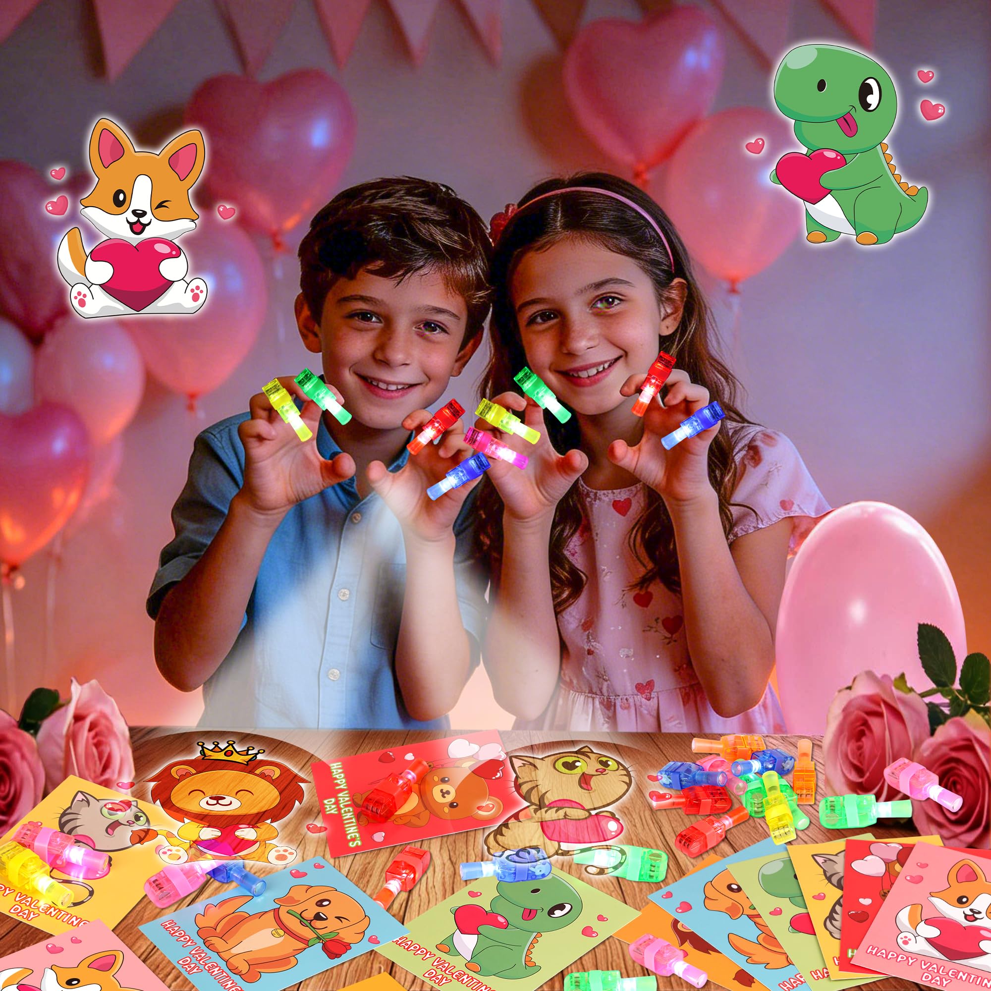 NAWITDA 30 Pack Valentines Day Classroom Gifts for Kids – LED Finger Light Cards & Light-Up Valentine Party Favors