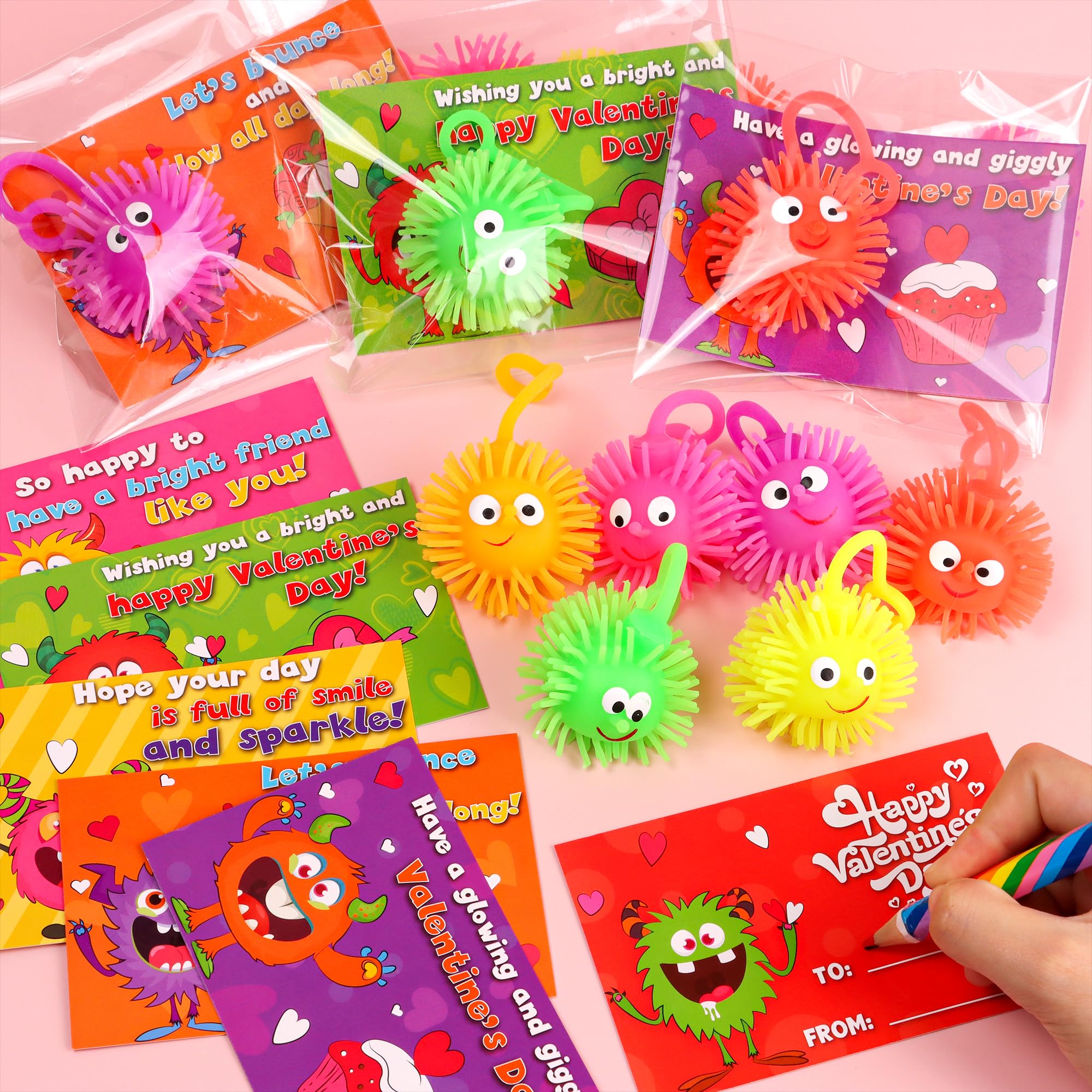 NAWITDA 24 Pack Valentines Day Cards with LED Puffer Balls – Classroom & Party Favors for Kids