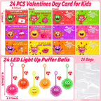 NAWITDA 24 Pack Valentines Day Cards with LED Puffer Balls – Classroom & Party Favors for Kids