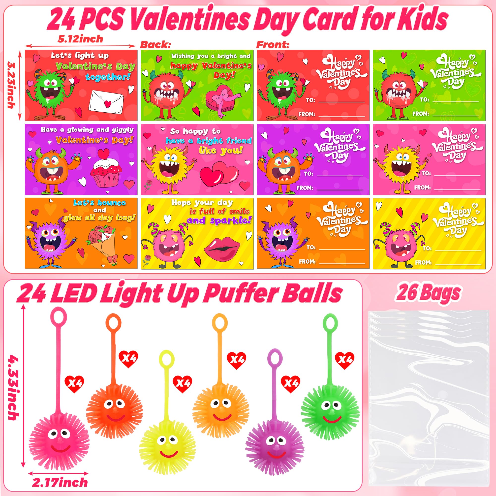 NAWITDA 24 Pack Valentines Day Cards with LED Puffer Balls – Classroom & Party Favors for Kids