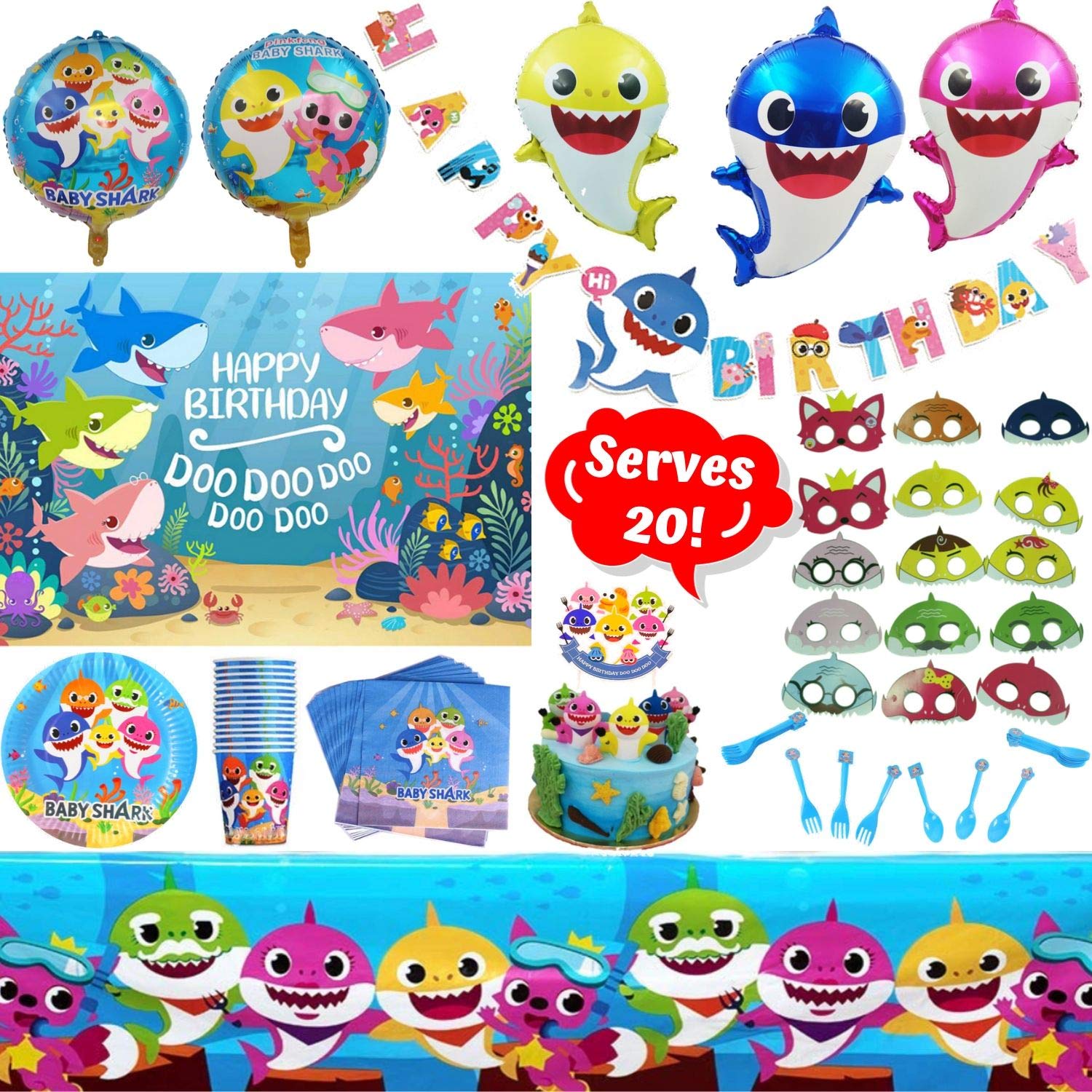 NBC Customs Shark Party Supplies Set — 124-Piece Birthday Decorations Kit for 20 Guests