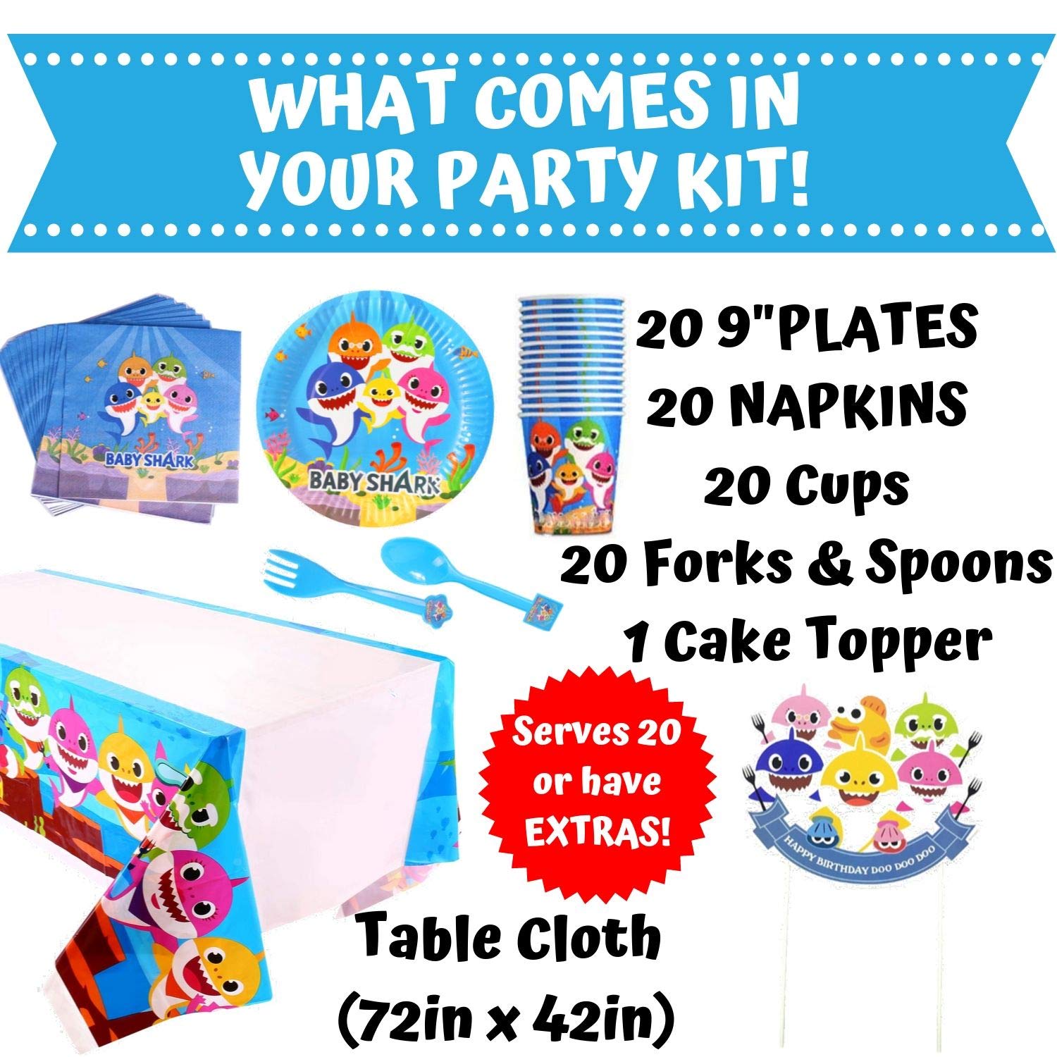 NBC Customs Shark Party Supplies Set — 124-Piece Birthday Decorations Kit for 20 Guests