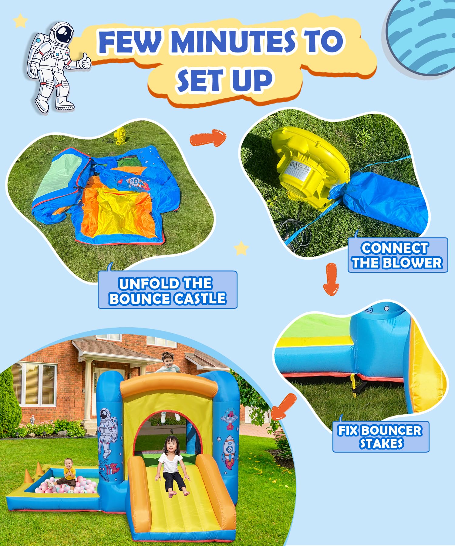 NBSPORT 6-in-1 Space-Themed Inflatable Bounce House with Blower for Kids 3-6