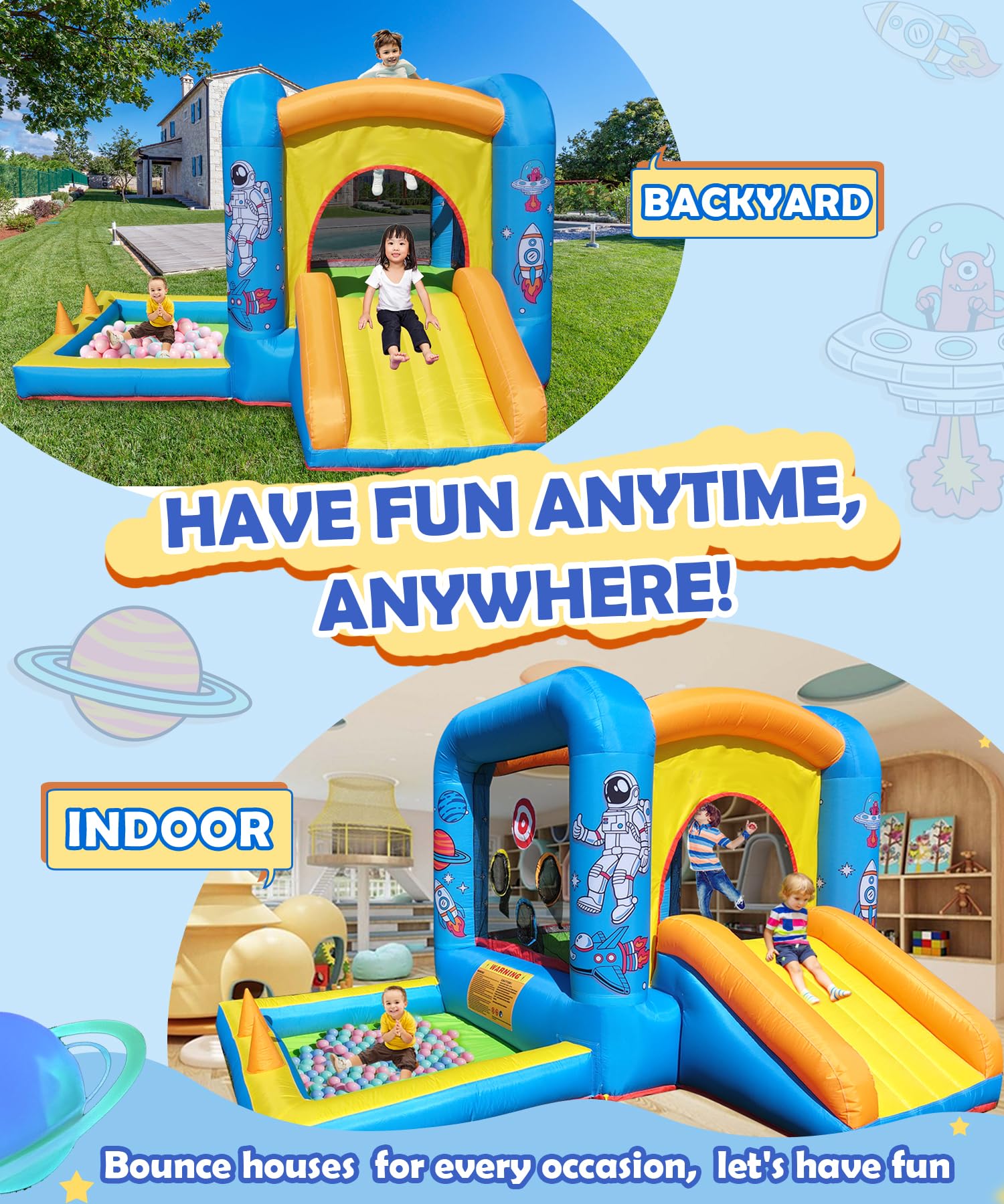 NBSPORT 6-in-1 Space-Themed Inflatable Bounce House with Blower for Kids 3-6
