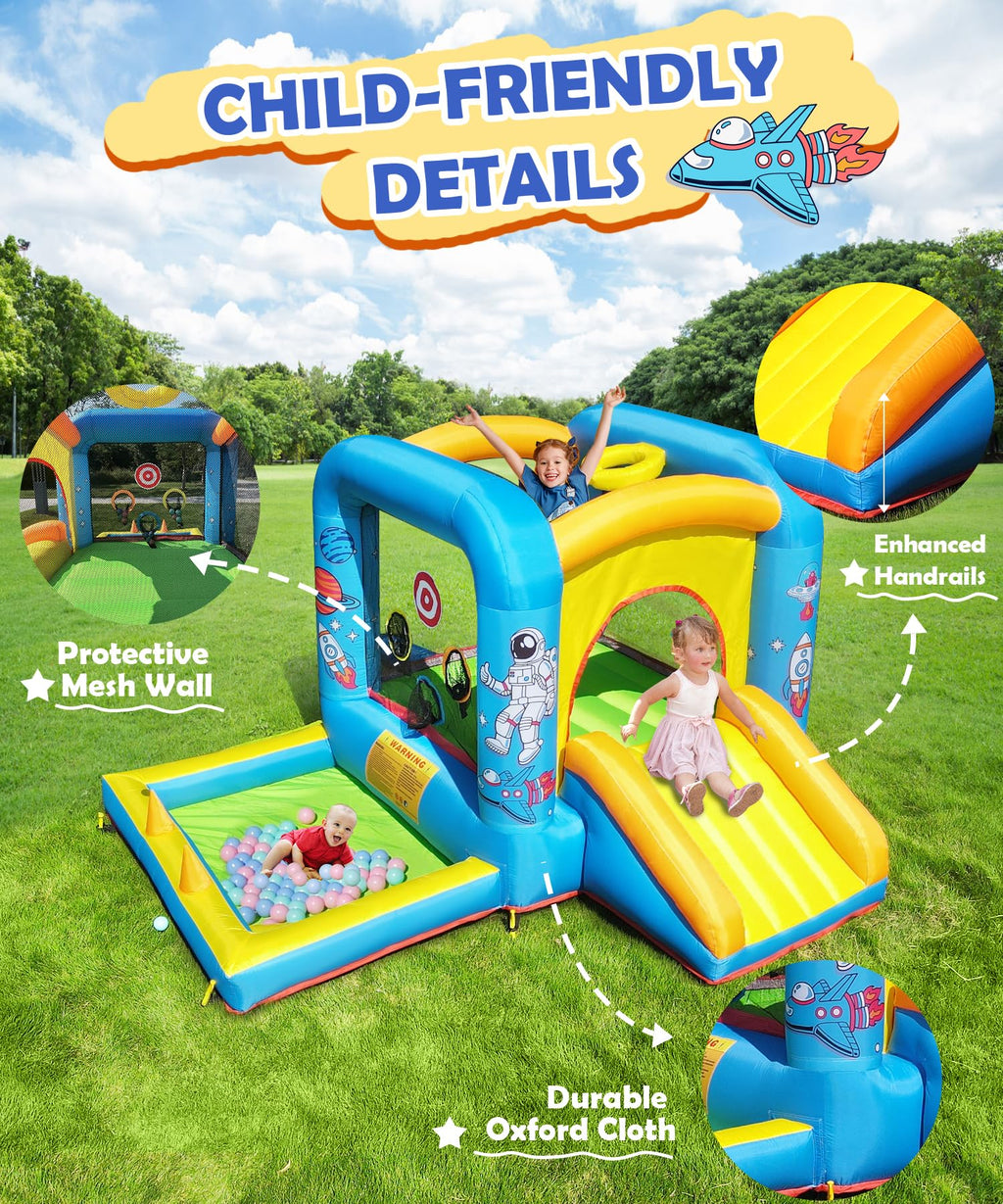 NBSPORT 6-in-1 Space-Themed Inflatable Bounce House with Blower for Kids 3-6