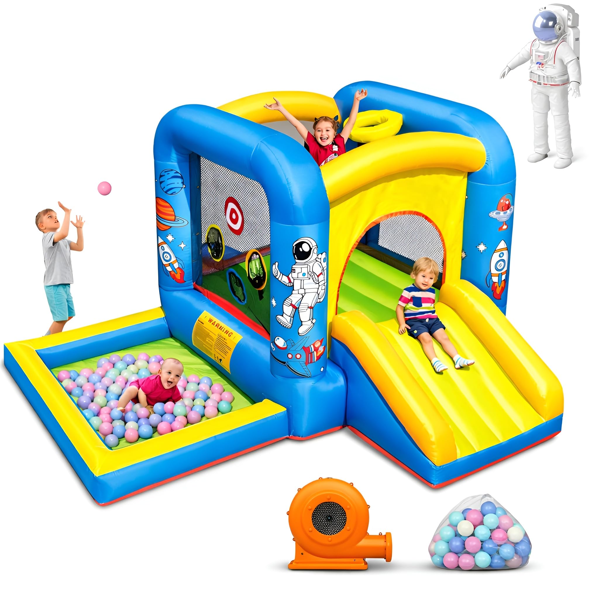 NBSPORT 6-in-1 Space-Themed Inflatable Bounce House with Blower for Kids 3-6