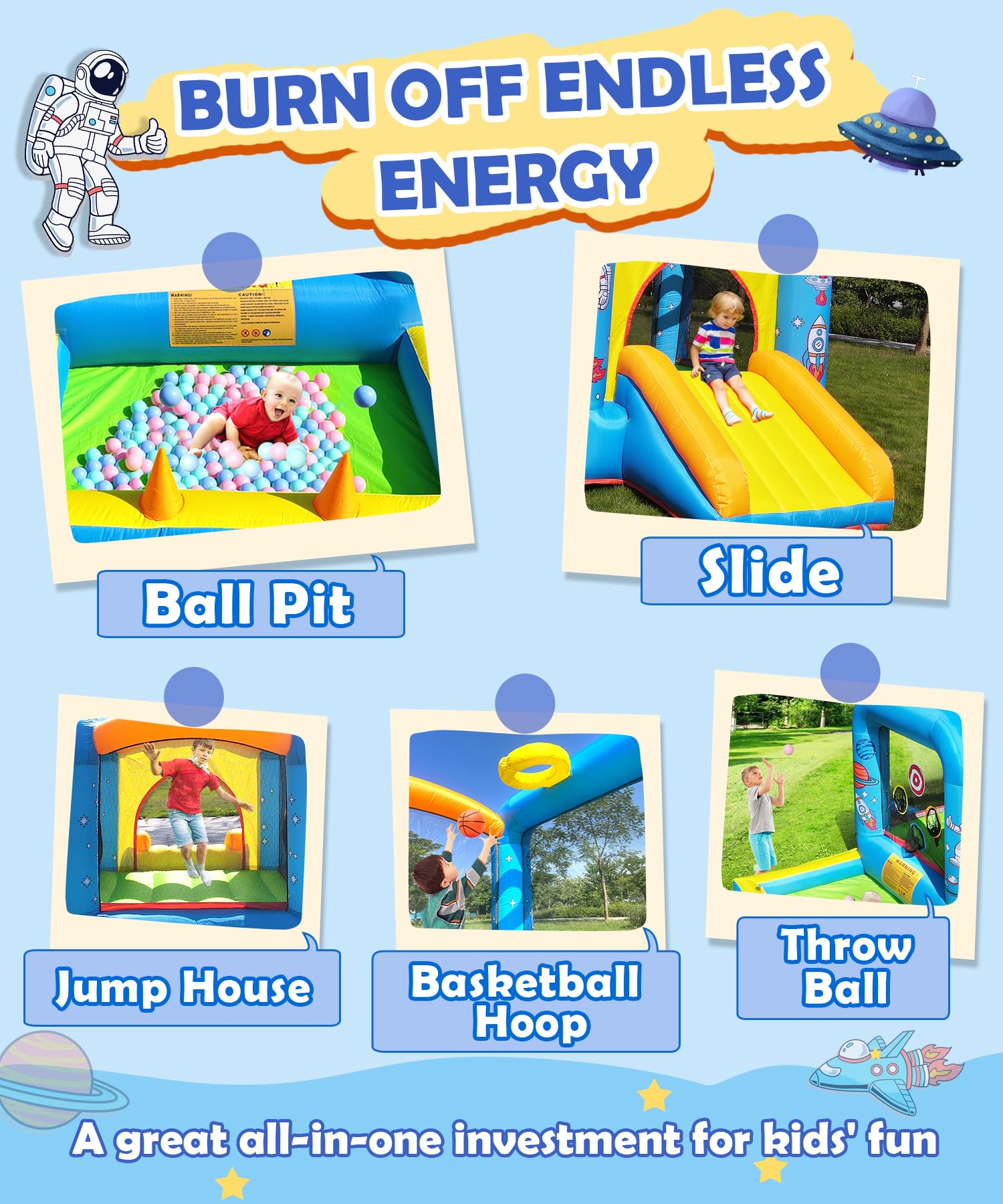 NBSPORT 6-in-1 Space-Themed Inflatable Bounce House with Blower for Kids 3-6