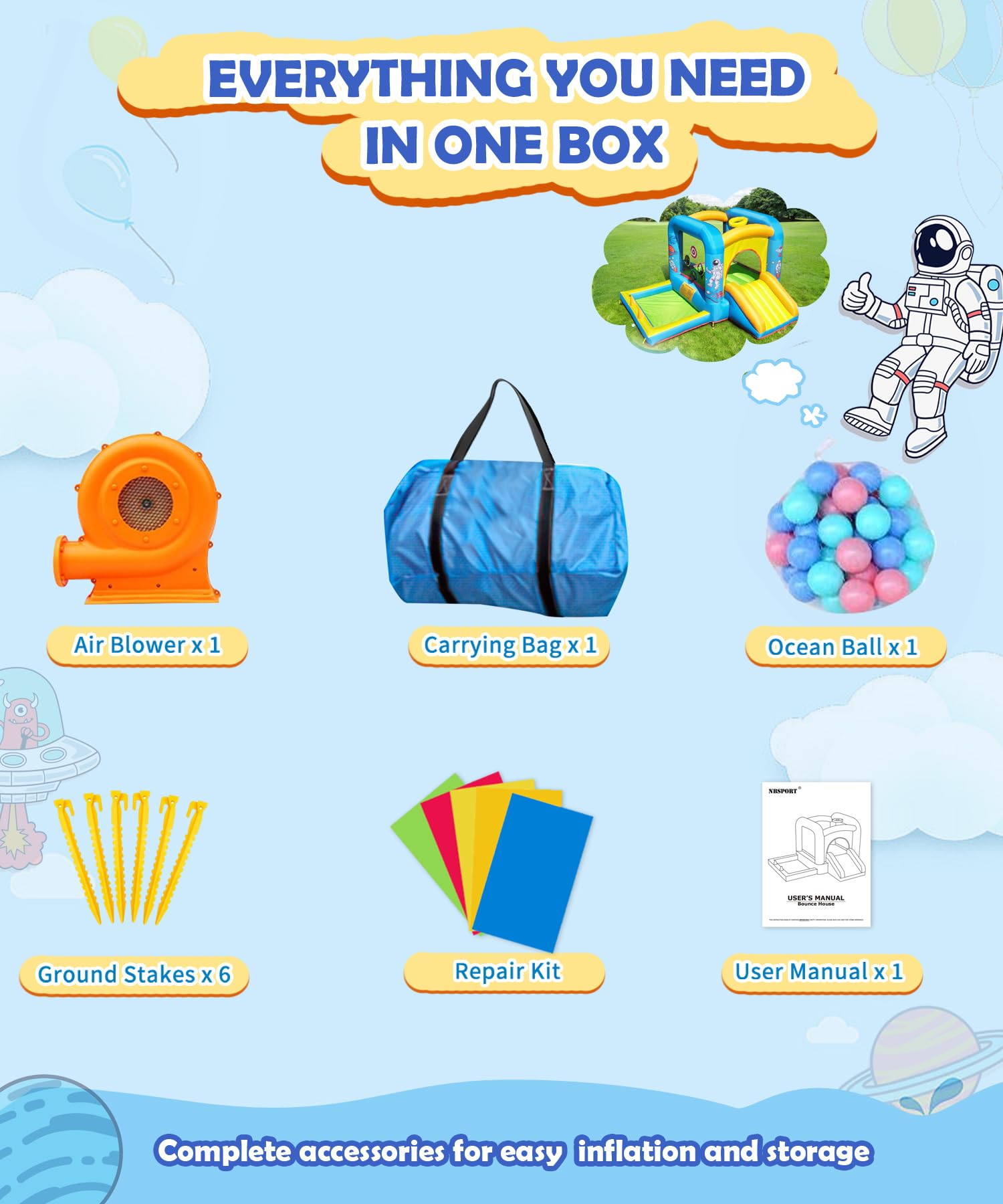 NBSPORT 6-in-1 Space-Themed Inflatable Bounce House with Blower for Kids 3-6
