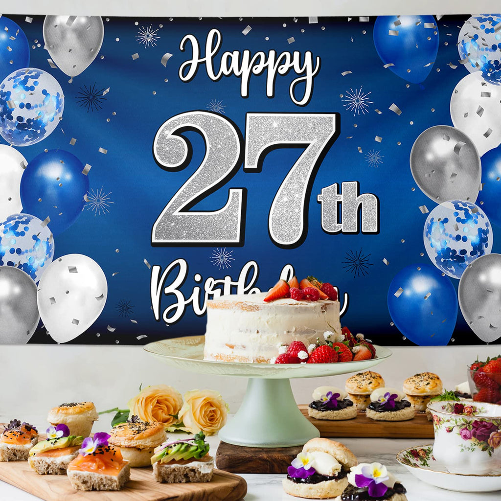 Nelbiirth Happy 27th Birthday Decorations - Blue & Silver Balloon Backdrop, Large 27th Banner & Party Sign