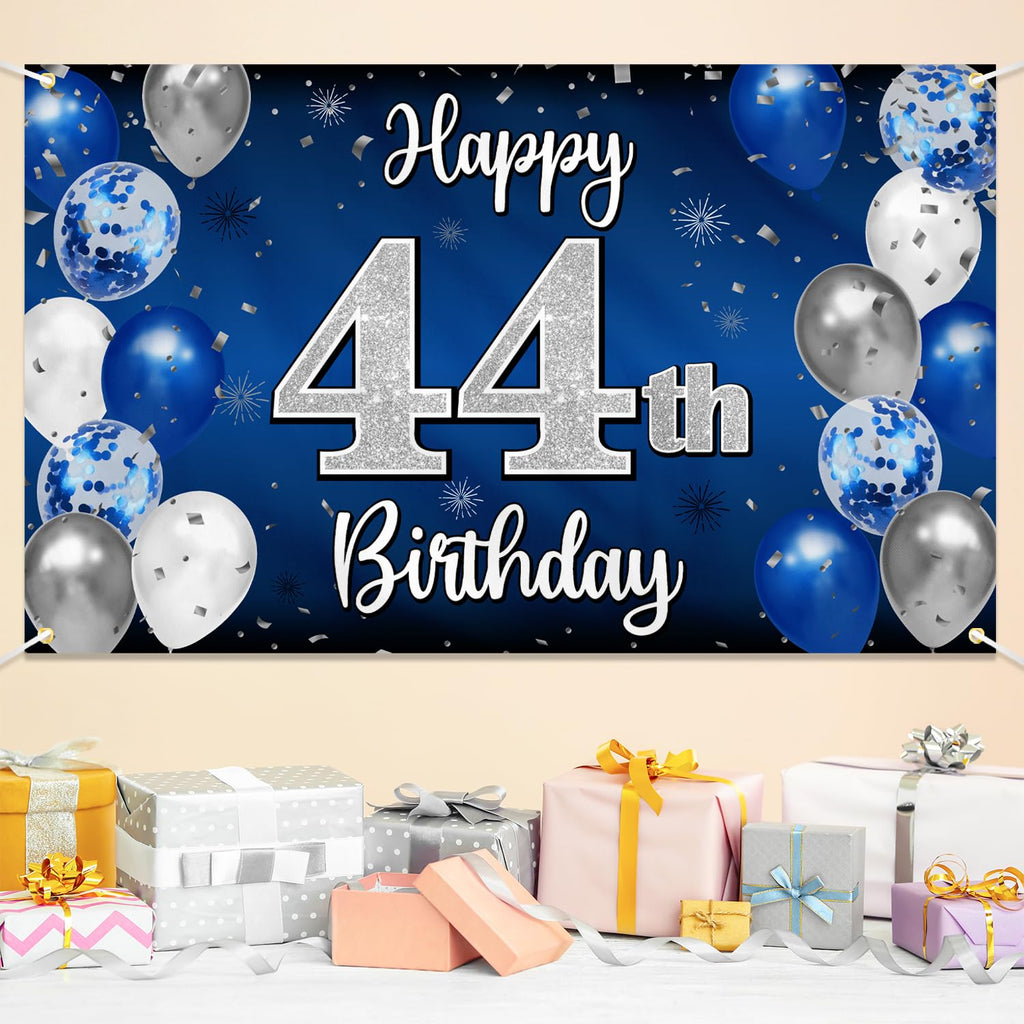 Nelbiirth 44th Birthday Banner Backdrop - Blue & Silver