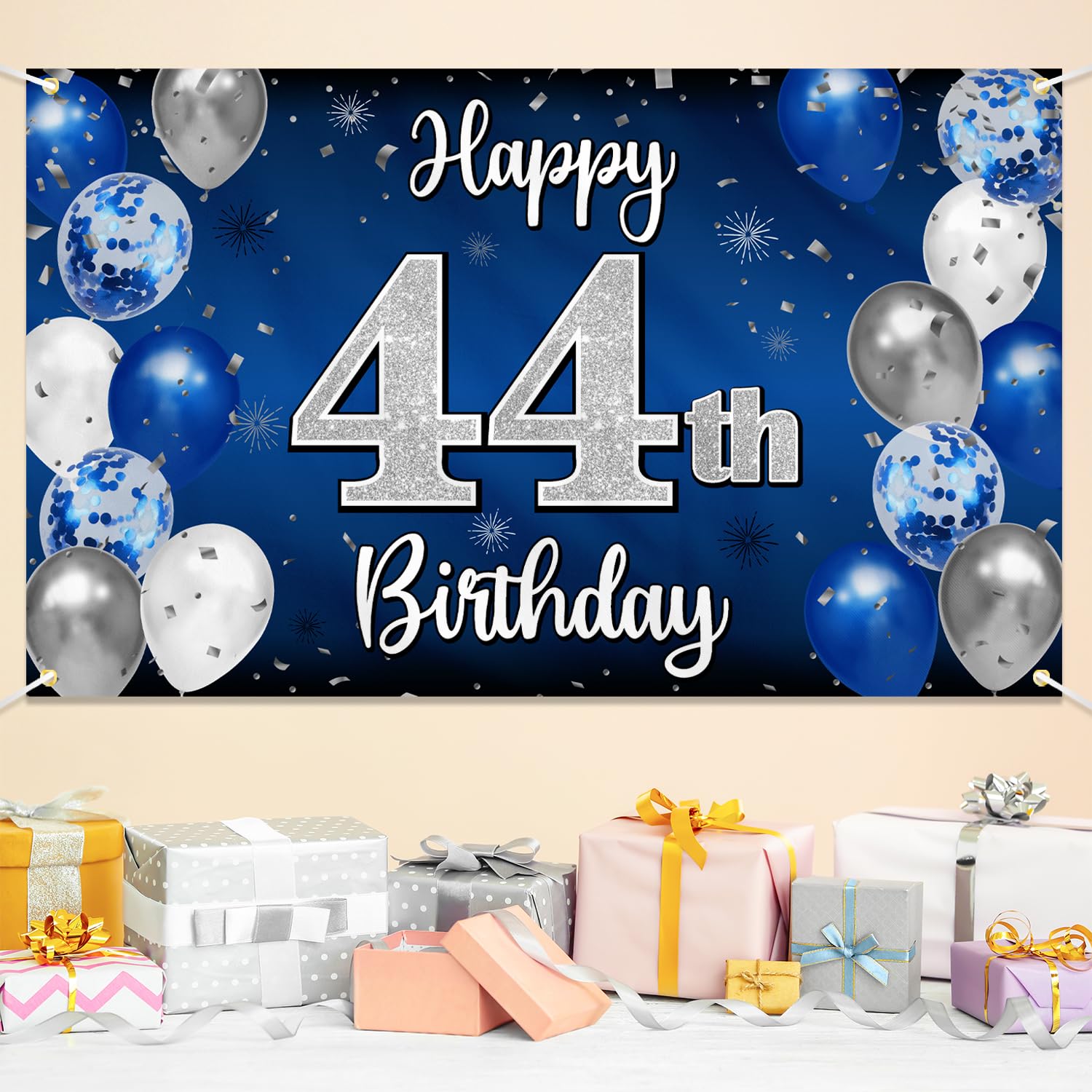 Nelbiirth 44th Birthday Banner Backdrop - Blue & Silver