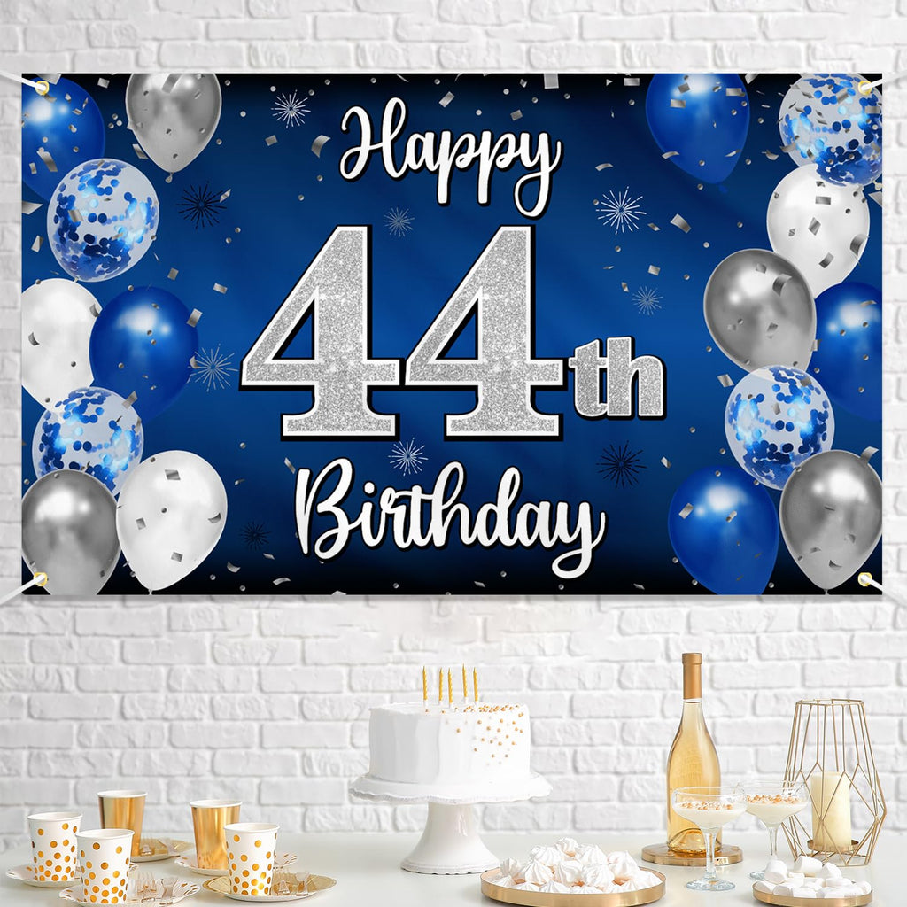 Nelbiirth 44th Birthday Banner Backdrop - Blue & Silver
