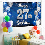 Nelbiirth Happy 27th Birthday Decorations - Blue & Silver Balloon Backdrop, Large 27th Banner & Party Sign