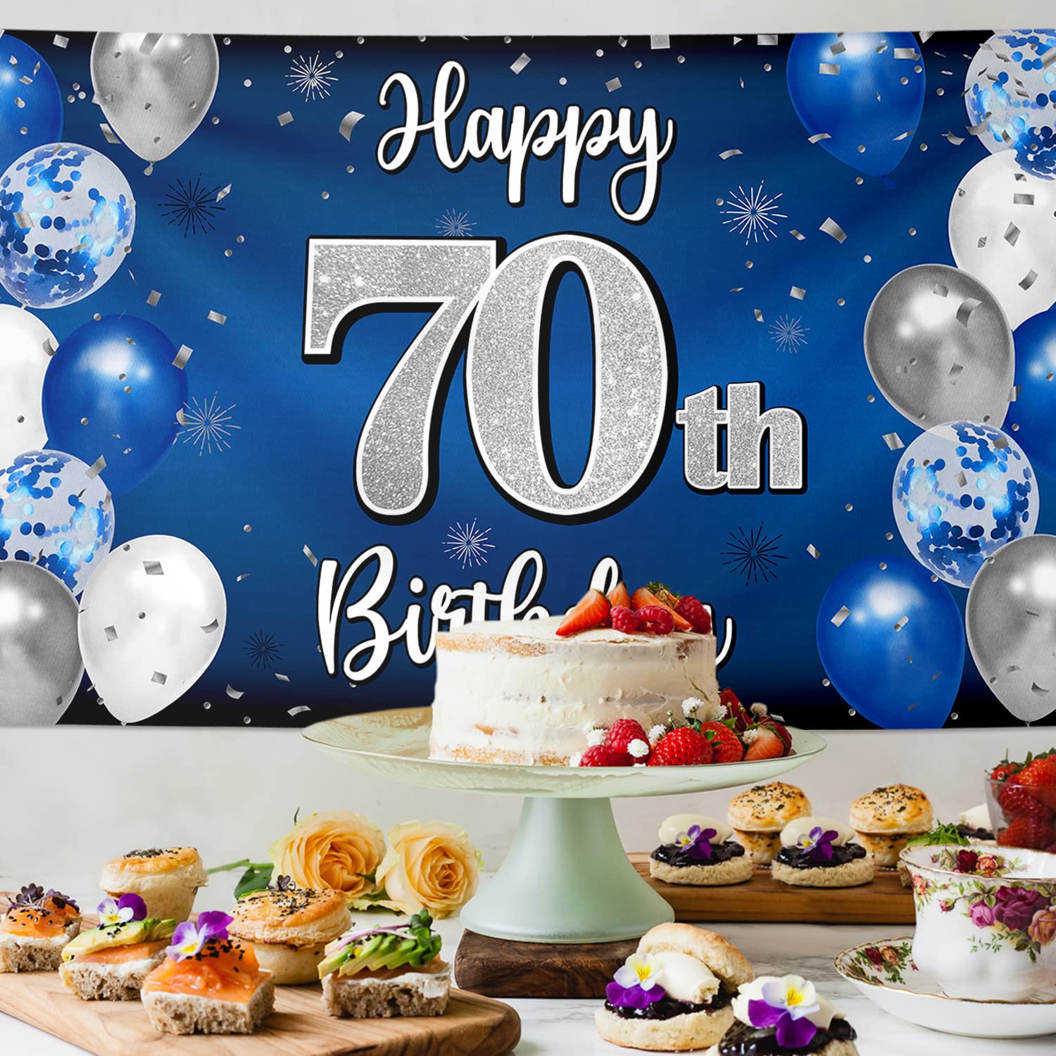 Nelbiirth Happy 70th Birthday Decorations – Blue & Silver Backdrop Banner for Seventy Years Celebration