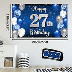 Nelbiirth Happy 27th Birthday Decorations - Blue & Silver Balloon Backdrop, Large 27th Banner & Party Sign