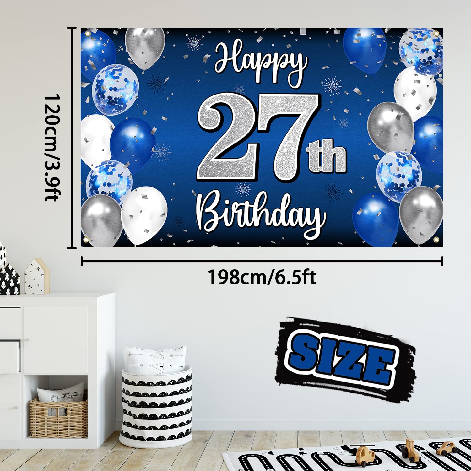 Nelbiirth Happy 27th Birthday Decorations - Blue & Silver Balloon Backdrop, Large 27th Banner & Party Sign