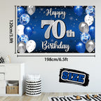 Nelbiirth Happy 70th Birthday Decorations – Blue & Silver Backdrop Banner for Seventy Years Celebration