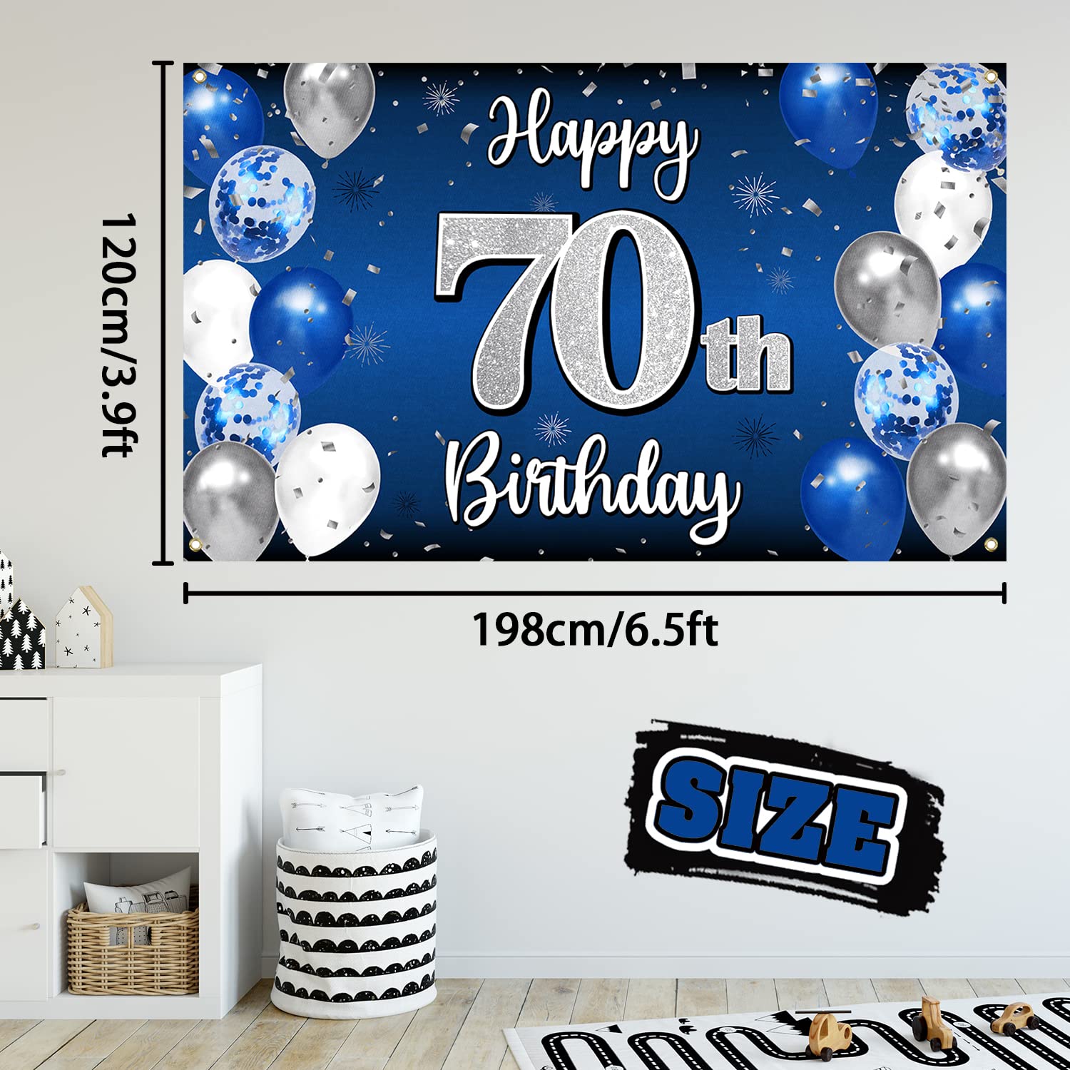 Nelbiirth Happy 70th Birthday Decorations – Blue & Silver Backdrop Banner for Seventy Years Celebration