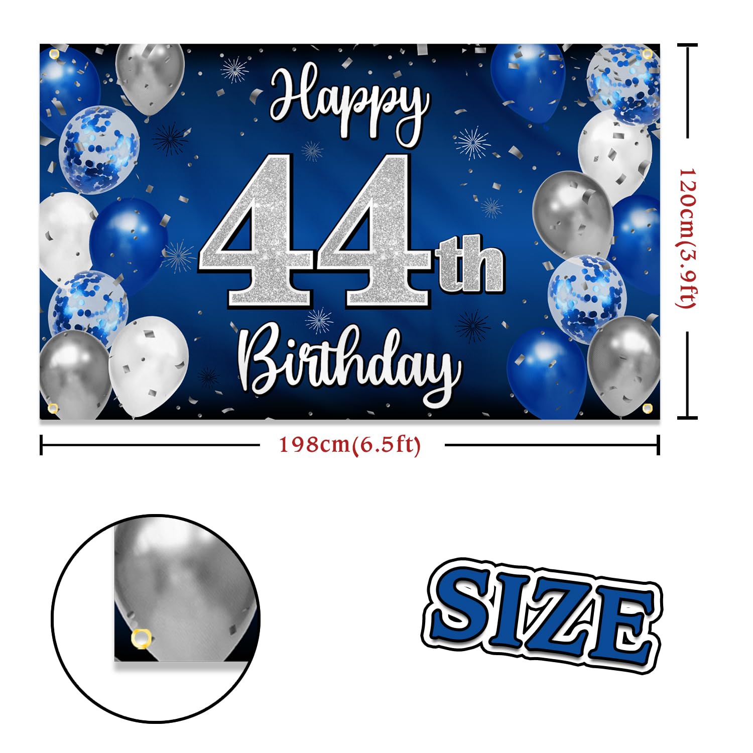 Nelbiirth 44th Birthday Banner Backdrop - Blue & Silver