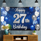 Nelbiirth Happy 27th Birthday Decorations - Blue & Silver Balloon Backdrop, Large 27th Banner & Party Sign