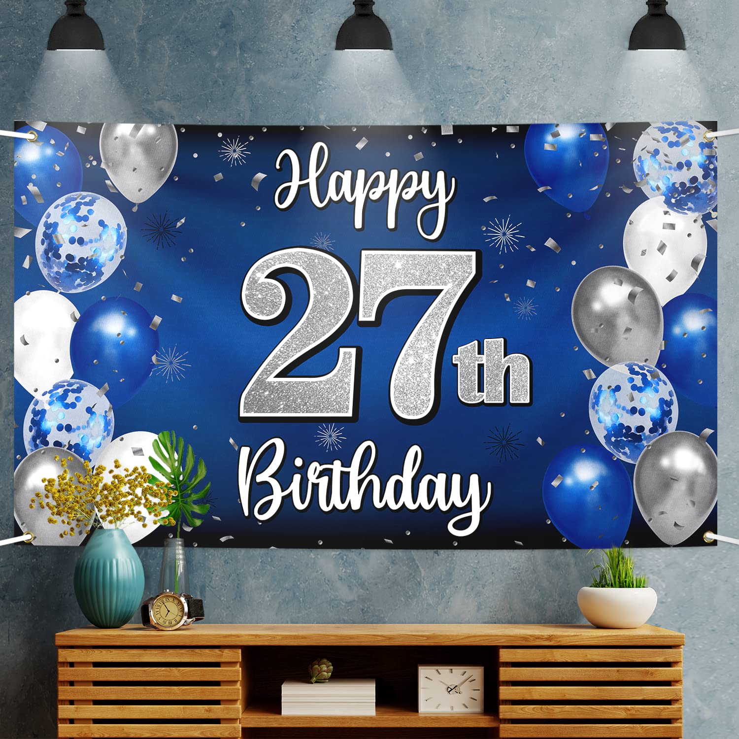 Nelbiirth Happy 27th Birthday Decorations - Blue & Silver Balloon Backdrop, Large 27th Banner & Party Sign