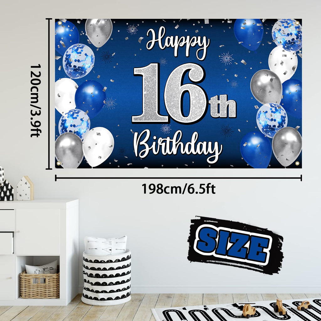Nelbiirth Happy 16th Birthday Banner Blue & Silver Backdrop