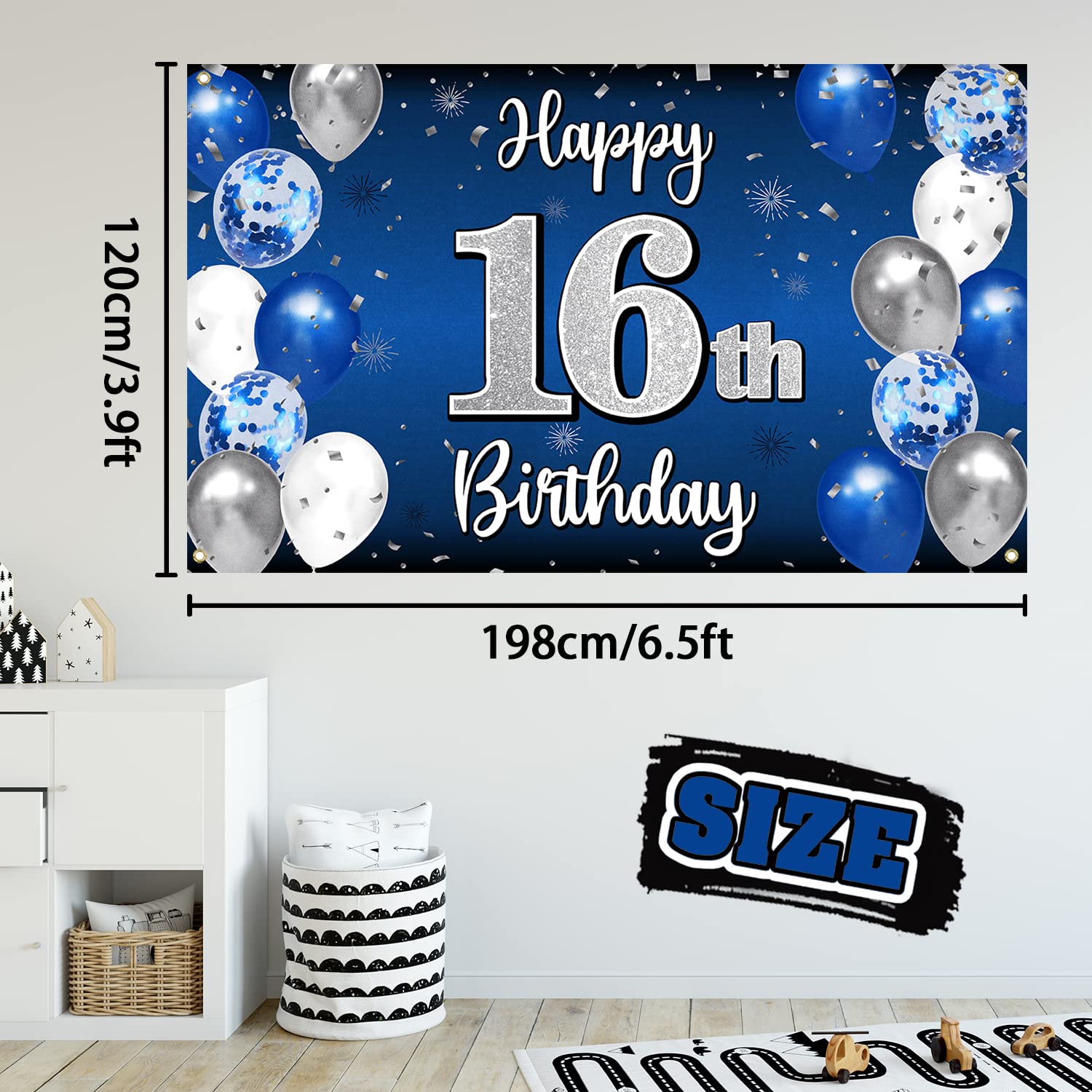 Nelbiirth Happy 16th Birthday Banner Blue & Silver Backdrop
