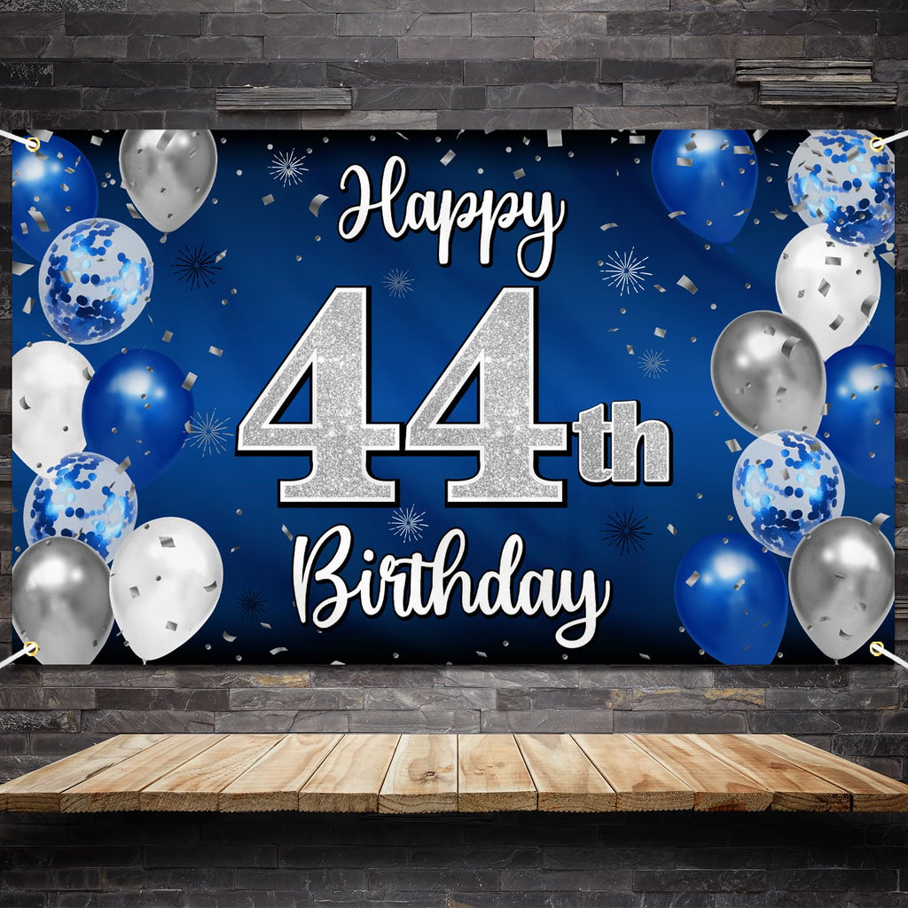 Nelbiirth 44th Birthday Banner Backdrop - Blue & Silver