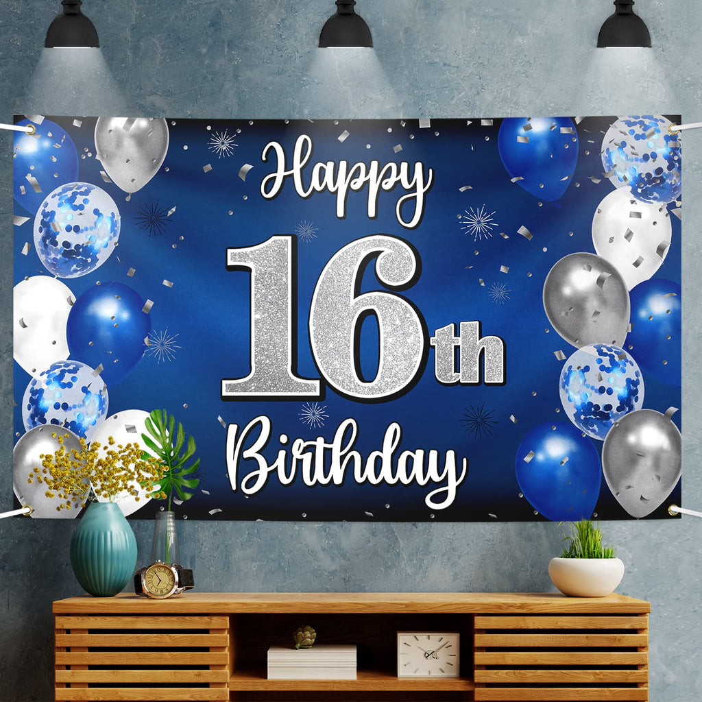Nelbiirth Happy 16th Birthday Banner Blue & Silver Backdrop