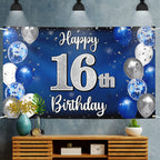 Nelbiirth Happy 16th Birthday Banner Blue & Silver Backdrop