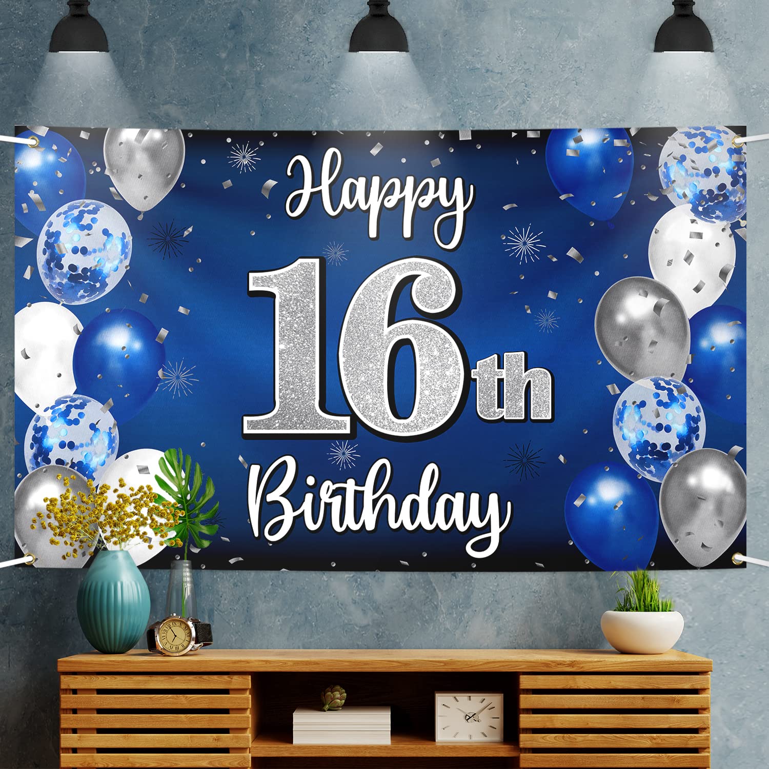 Nelbiirth Happy 16th Birthday Banner Blue & Silver Backdrop