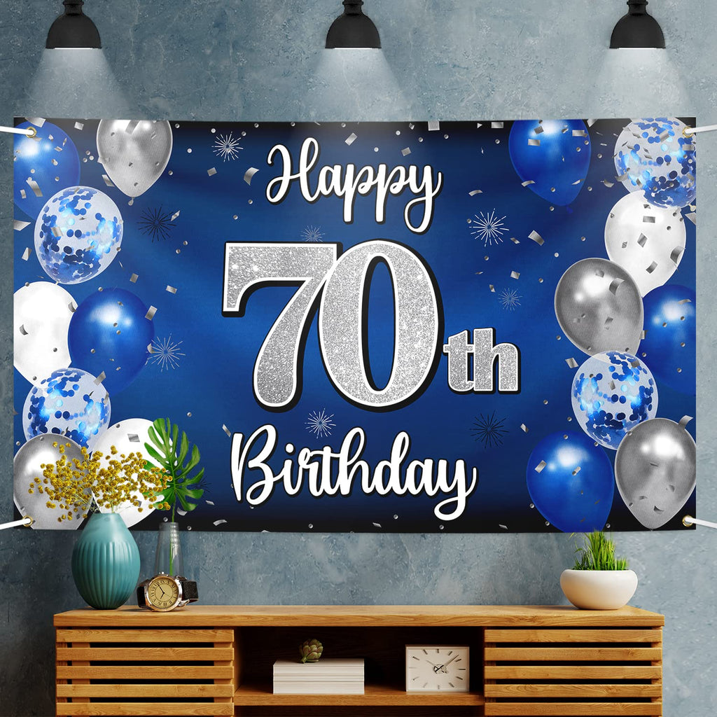 Nelbiirth Happy 70th Birthday Decorations – Blue & Silver Backdrop Banner for Seventy Years Celebration