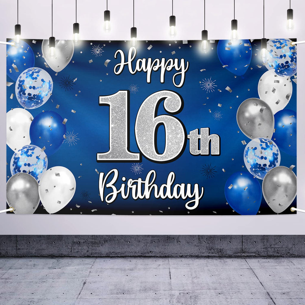 Nelbiirth Happy 16th Birthday Banner Blue & Silver Backdrop