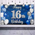 Nelbiirth Happy 16th Birthday Banner Blue & Silver Backdrop