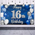 Nelbiirth Happy 16th Birthday Banner Blue & Silver Backdrop