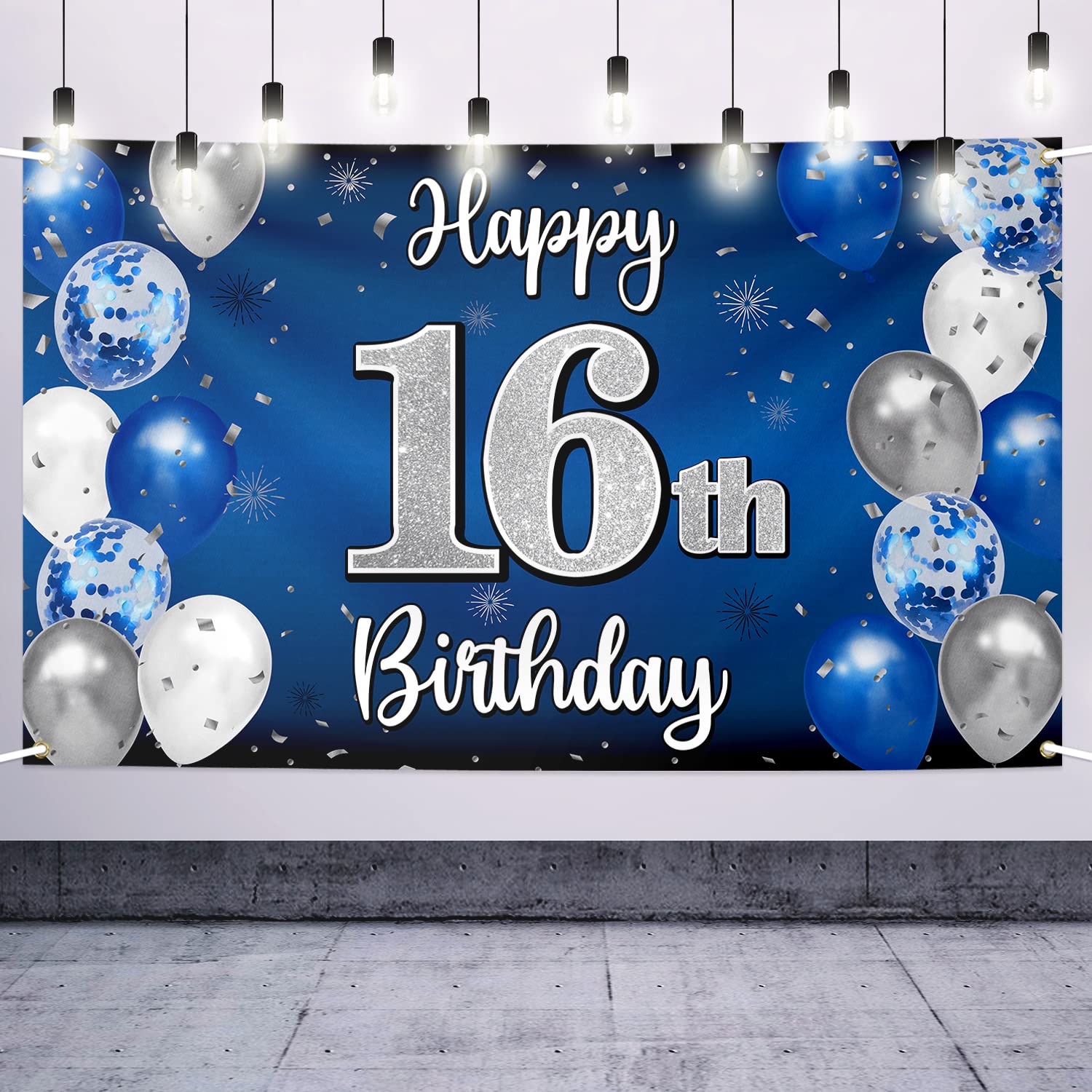 Nelbiirth Happy 16th Birthday Banner Blue & Silver Backdrop